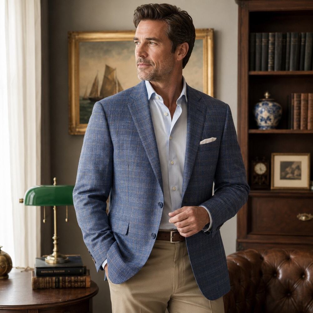 Giorgio Fiorelli Check Mens Blazer 52L Sport Coat Old Money Classic Preppy Blue